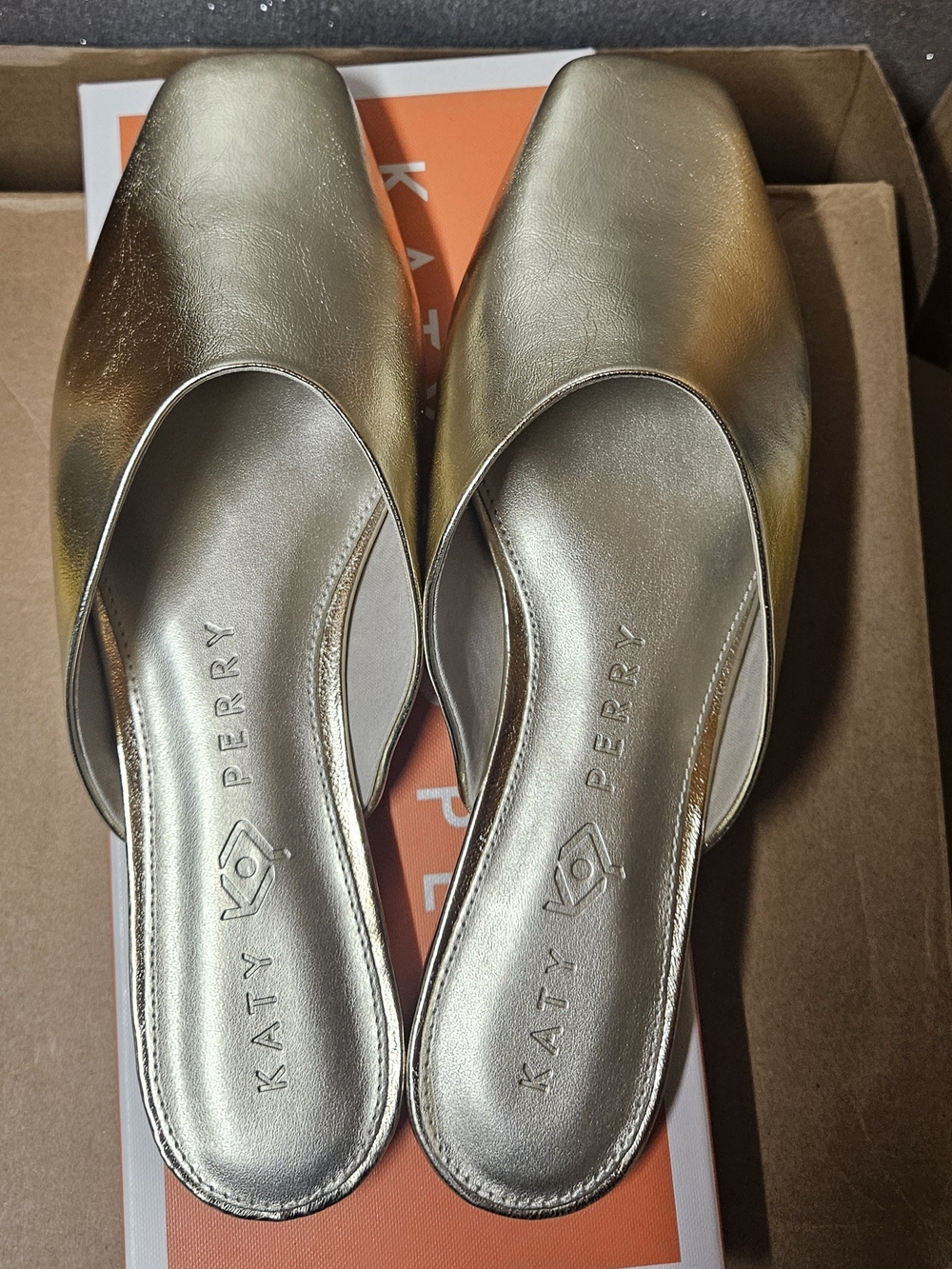 Katy Perry Collections Metallic Gold Slide Mules with Squared Toe